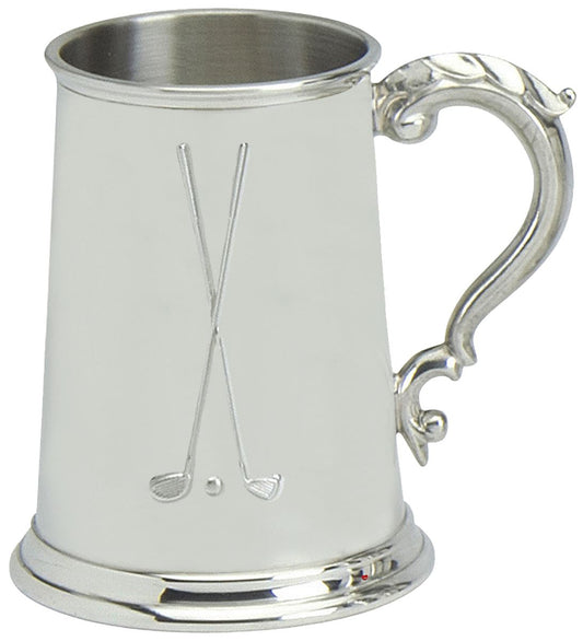 Golfing Gift Tankard Pewter 1pt Handmade Golf Clubs and Ball Ornate Pewter