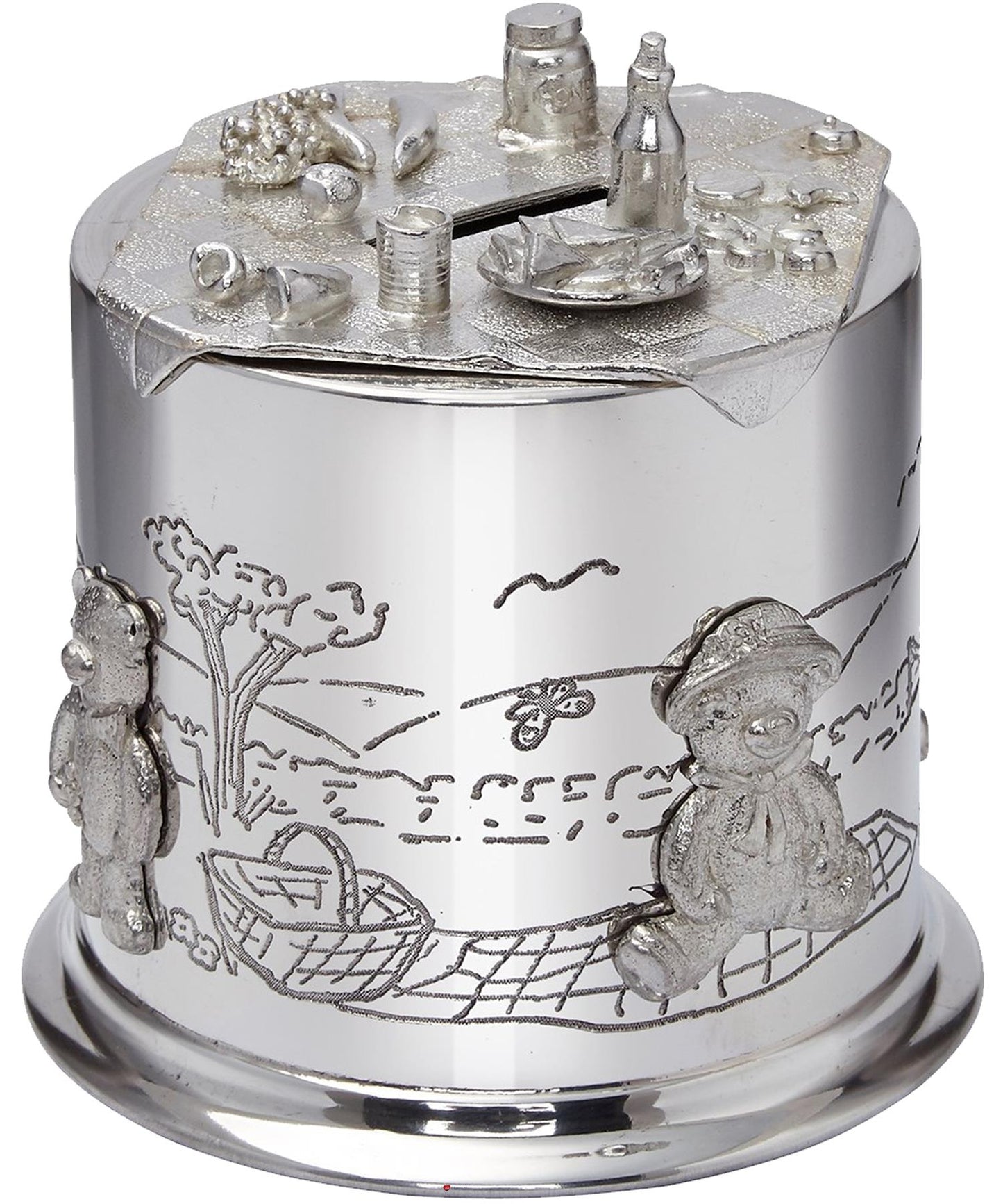 Child's Pewter Money Box Teddy Bears Picnic Embossed Around the Body