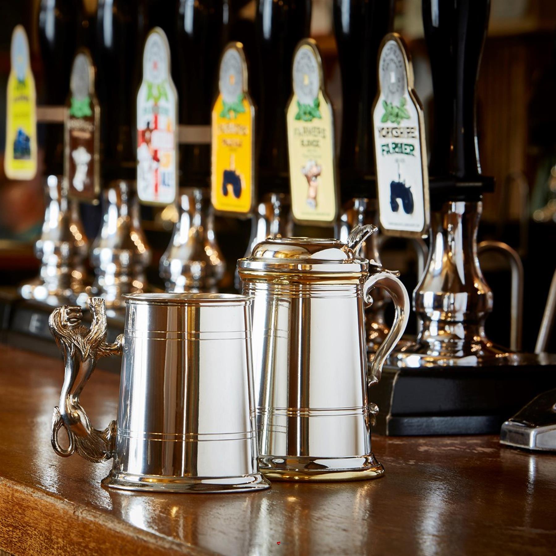 Pewter Tankard 1 Pint Plain Double Lines Lion Rampant Handle High-Quality Pewter