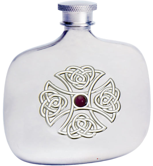 Hip Flask Devon Shape Celtic Cross Amethyst Stone Setting Liquor Flask 4oz