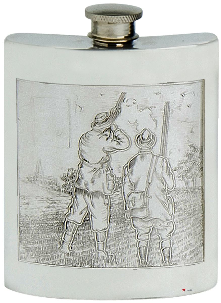 Pewter Hip Flask Hunting Game Picture Scene Kidney Engravable 6oz Screw Top