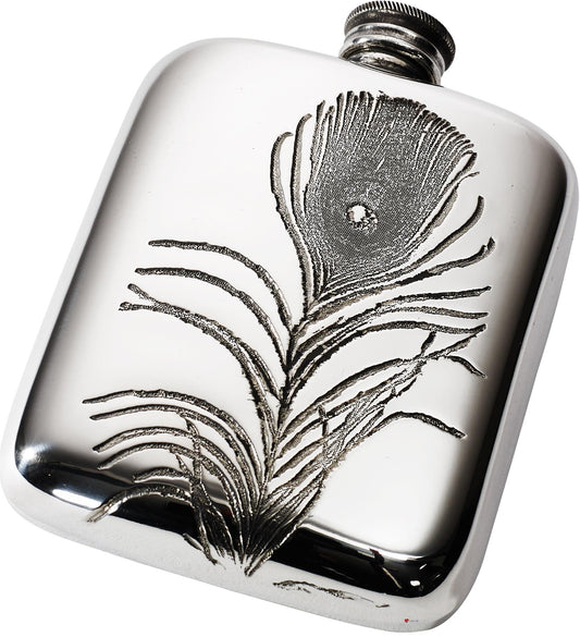 4oz Hip Flask Pewter Large Peacock Feather Design Embossed Polished Screw