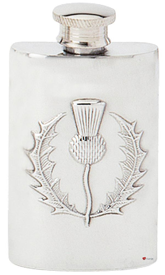 Scottish Thistle Hip Flask 2oz Kidney Shape Fine English Pewter Engravable