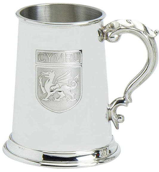 Pewter Tankard 1pt Welsh CYMRU Dragon Shield Ornate Handle Engravable