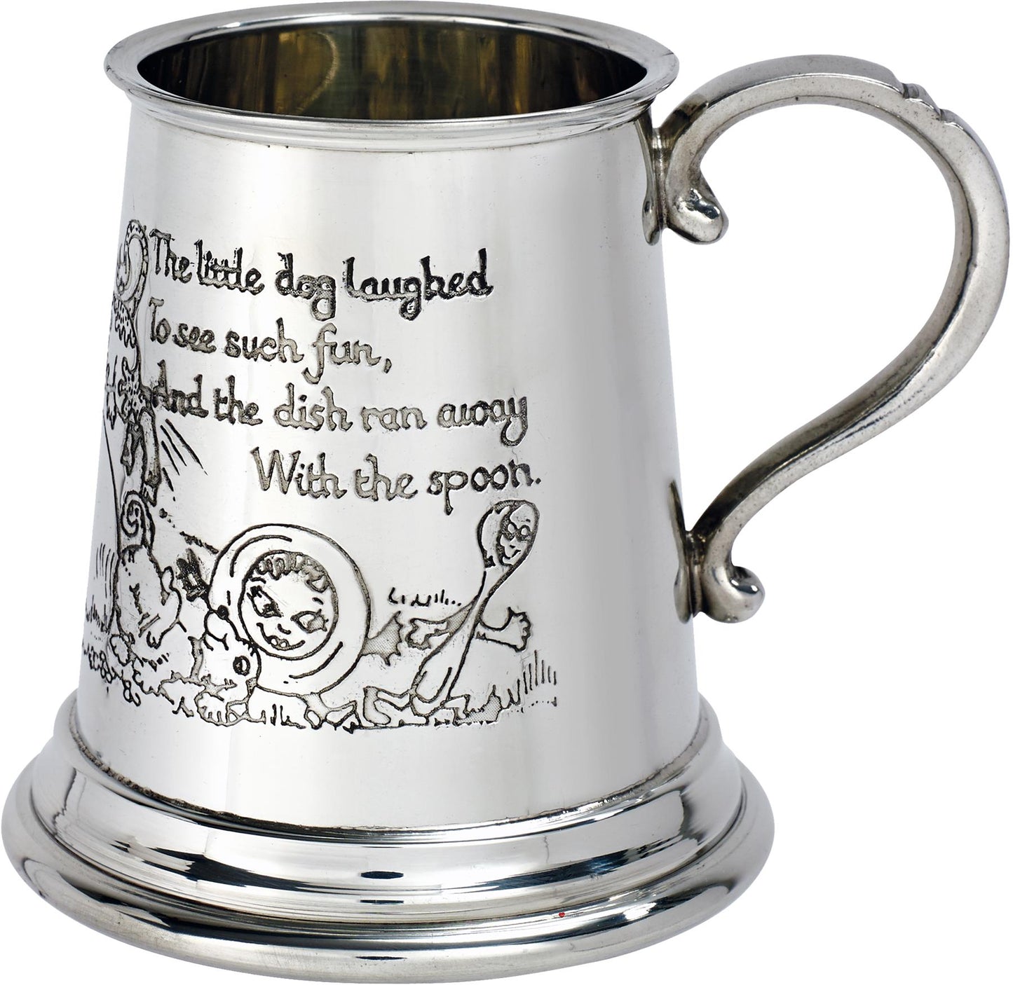 Quarter Pint Mug Cow Over the Moon Christening Gift Pewter Tankard Scroll Handle