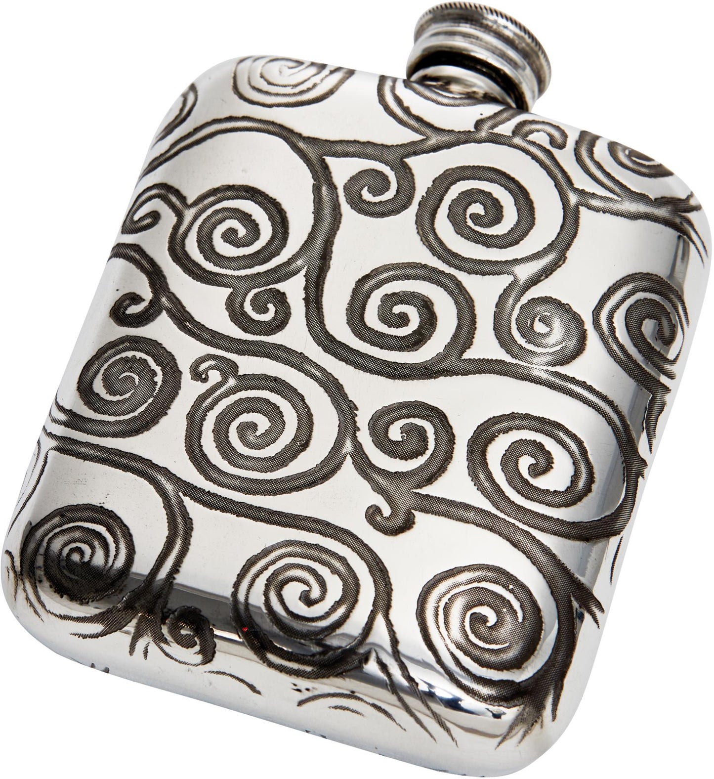 Pocket Hip Flask 4oz in Pewter Embossed with Tree of Life Pattern Polished Screw