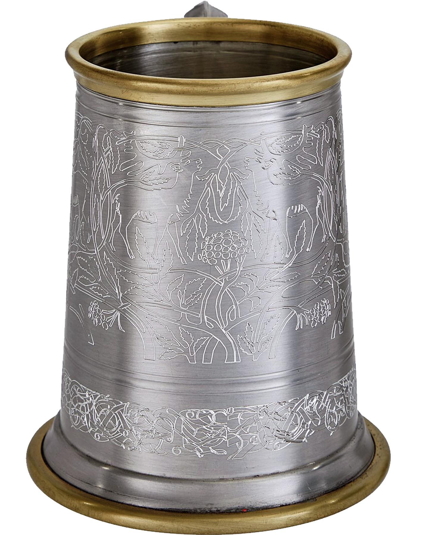 Pewter Tankard Brass Rim 1 Pint Viking Norse Artwork Antique Scroll Handle