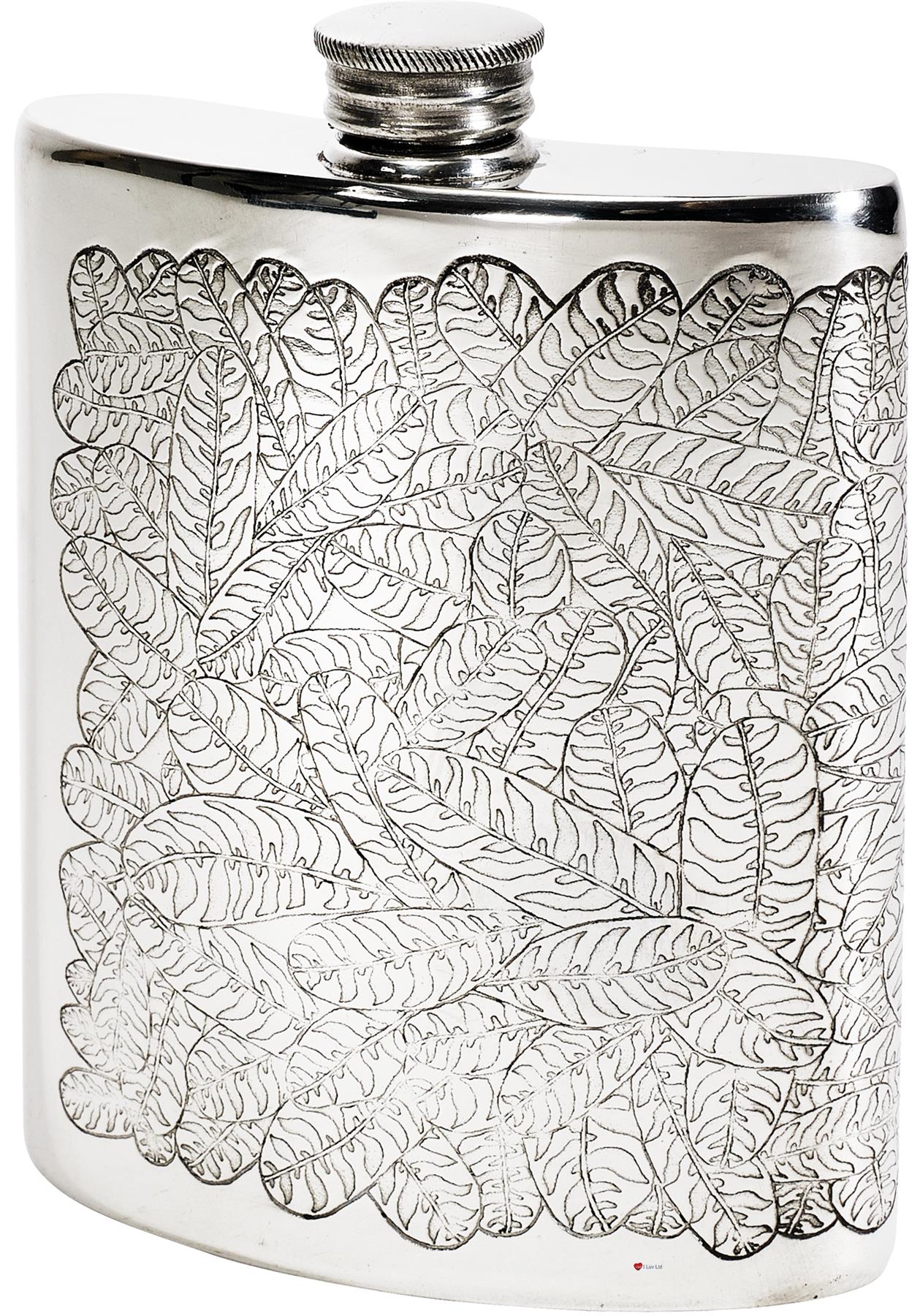 6oz Pewter Flask Embossed with Tiger Leaf Polished Screw Perfect for Engraving