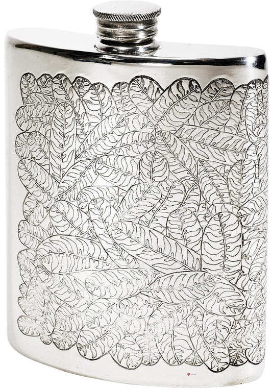 6oz Pewter Flask Embossed with Tiger Leaf Polished Screw Perfect for Engraving