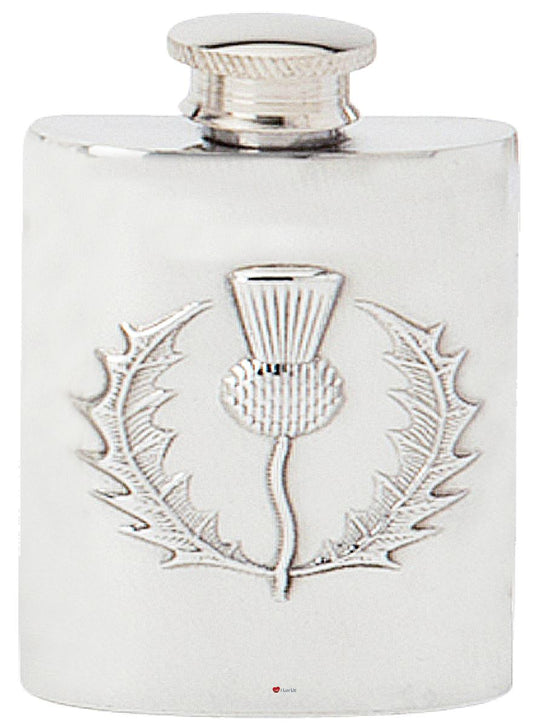 Scottish Thistle Hip Flask 6oz Kidney Shape Fine English Pewter Engravable