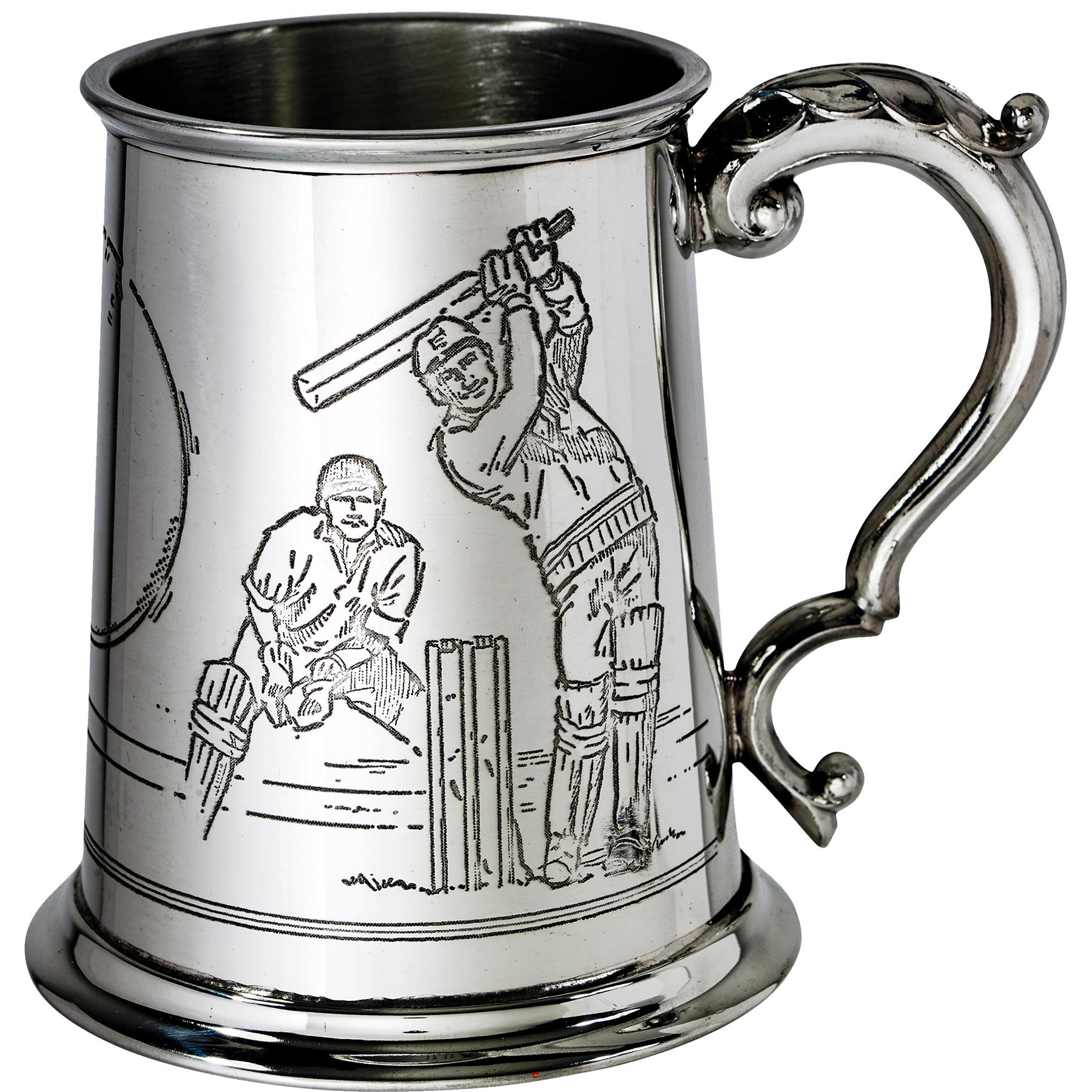 Pewter Tankard 1 Pint with Cricket Scenes on Both Sides and Antique Handle