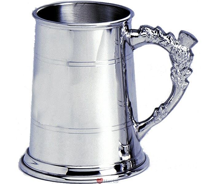 Pewter Tankard Handmade 1pt Double Band Thistle Handle Engravable