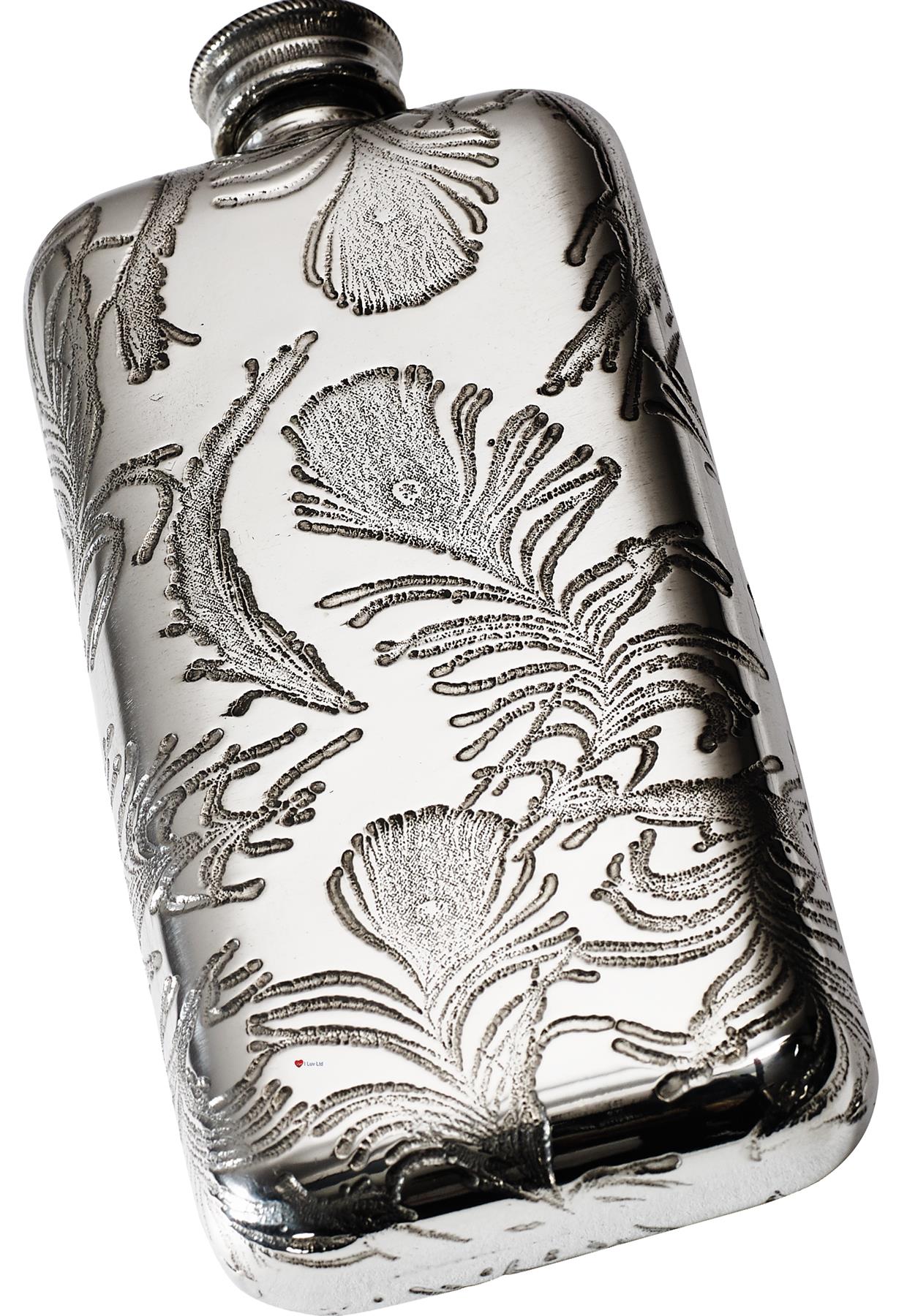 3oz Pewter Pocket Flask Embossed Design Peacock Feathers Polished Screw Top