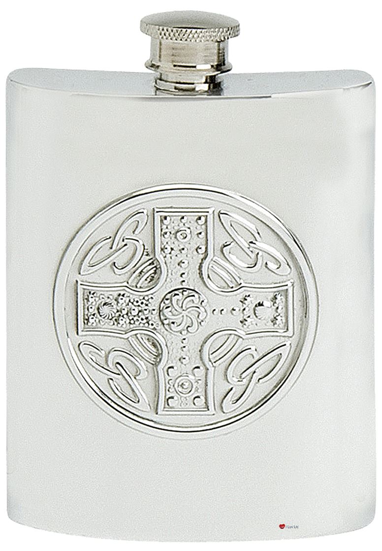 Embossed Celtic Disc Hip Flask 6oz Pewter Kidney Shape Ideal Gift Engravable