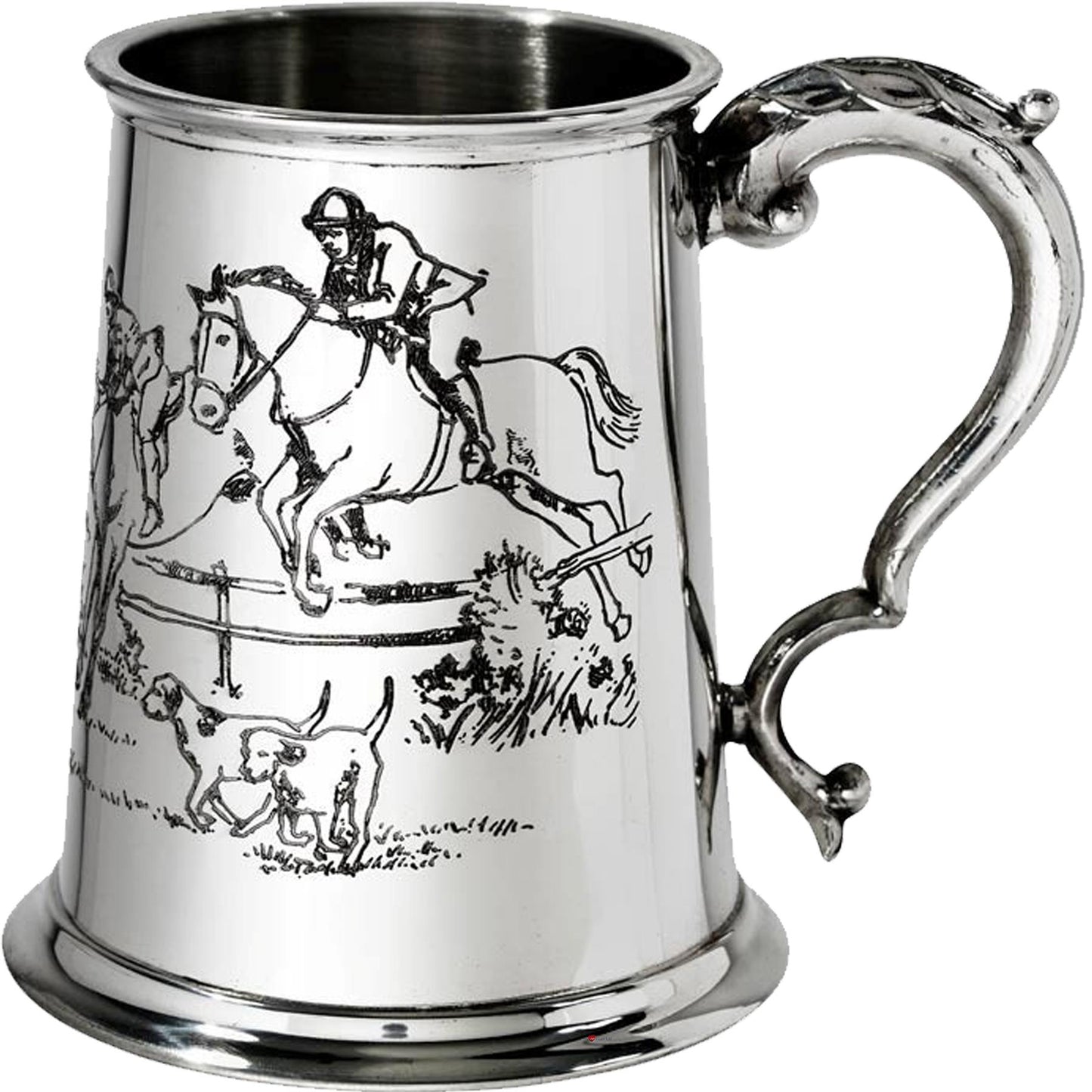 Tankard 1 Pint British Hunting Scene Embossed on Front and Back Scroll Handle