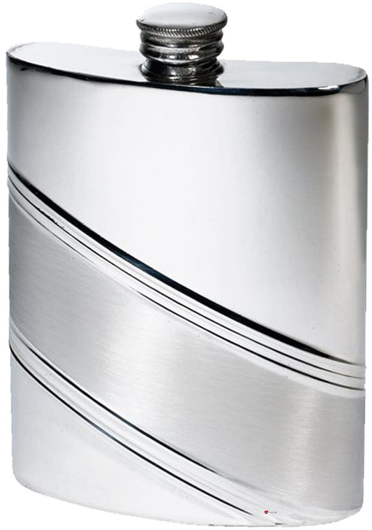 6oz Pewter Flask with Modern Lined Diagonal Satin Band Polished Finish Screw