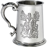 Pewter Tankard 1 Pint Shooting Scenes on Both Sides and Antique Handle