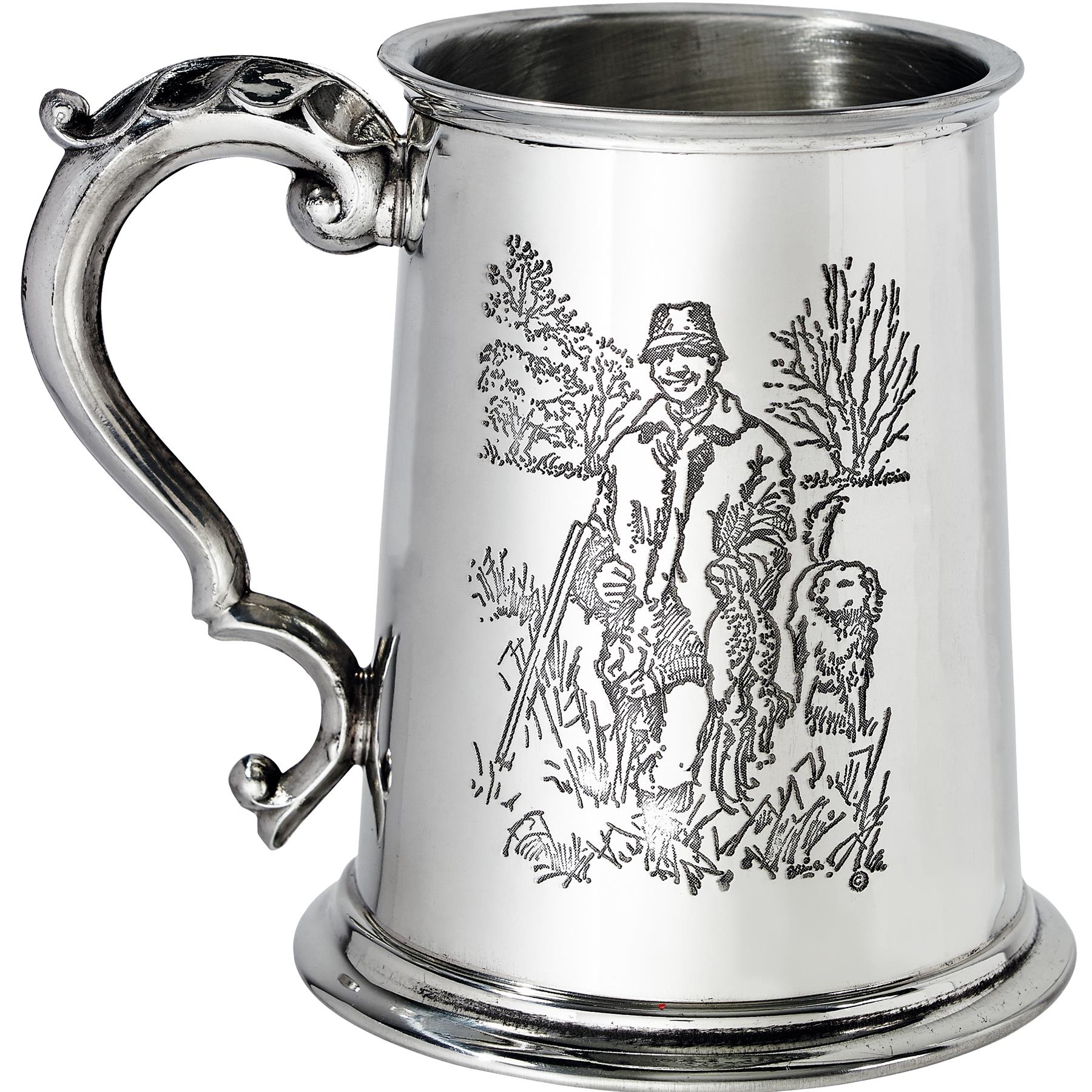 Pewter Tankard 1 Pint Shooting Scenes on Both Sides and Antique Handle