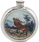 Round 6oz Pewter Flask with Unique Colour Picture Calling Stag Polished Screw