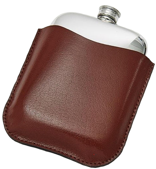 6oz Pewter Flask in Brown Genuine Leather Pouch Perfect for Engraving