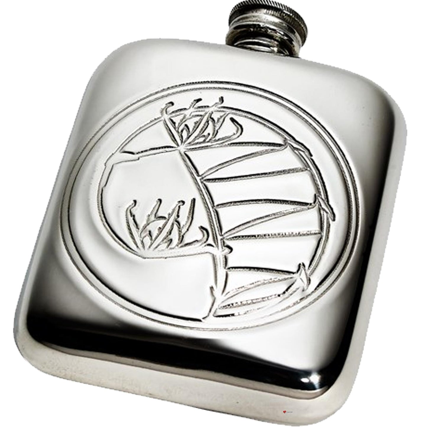 4oz Pewter Flask Archibald Knox Inspired Pattern Embossed Bright Polished Screw