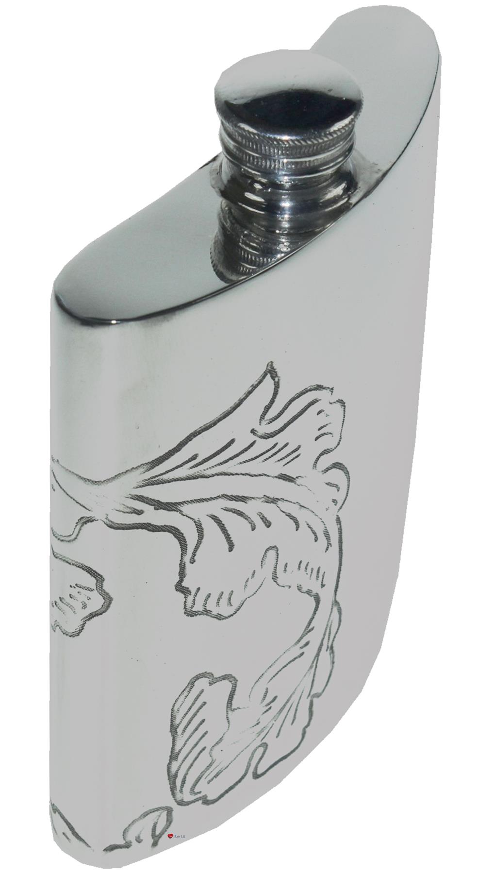 6oz Pewter Hip Flask Acanthus Leaf Decoration Pattern Bright Polished Screw Top