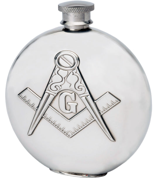 6oz Round Hip Flask With Embossed Masonic Design Great Gift Made From Pewter