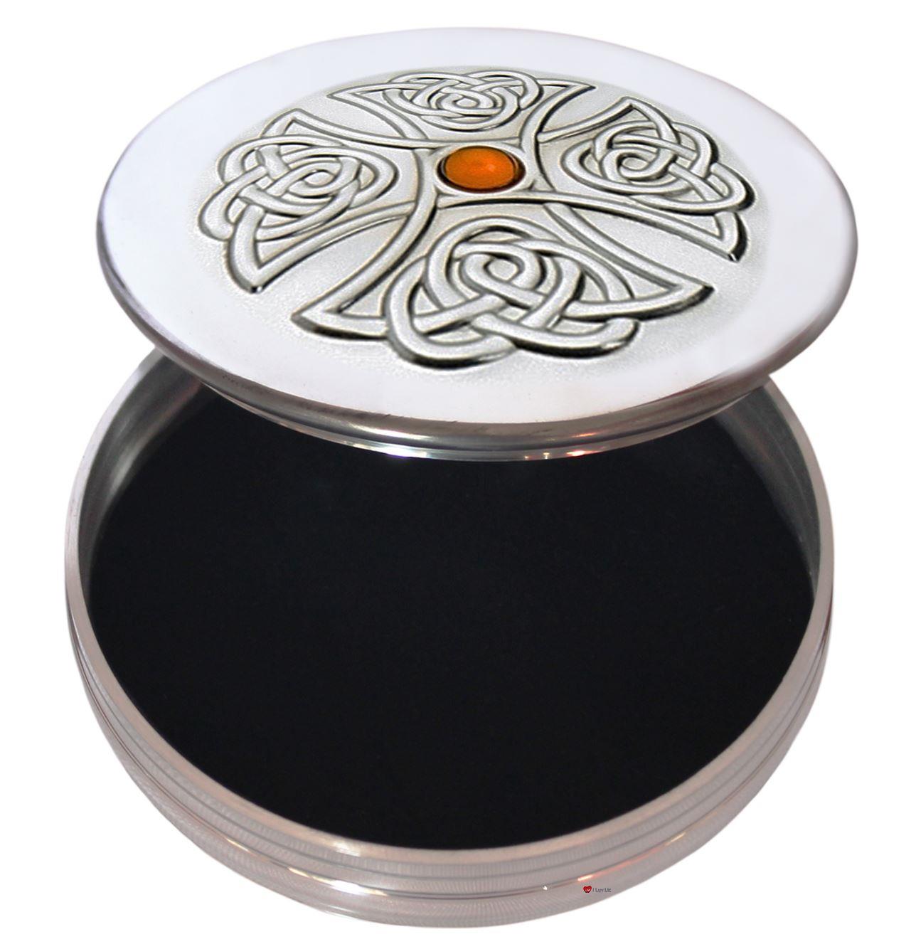 Trinket Boxes Pewter Round Celtic Cross Inset Topaz Coloured Stone Lid 90mm 50mm