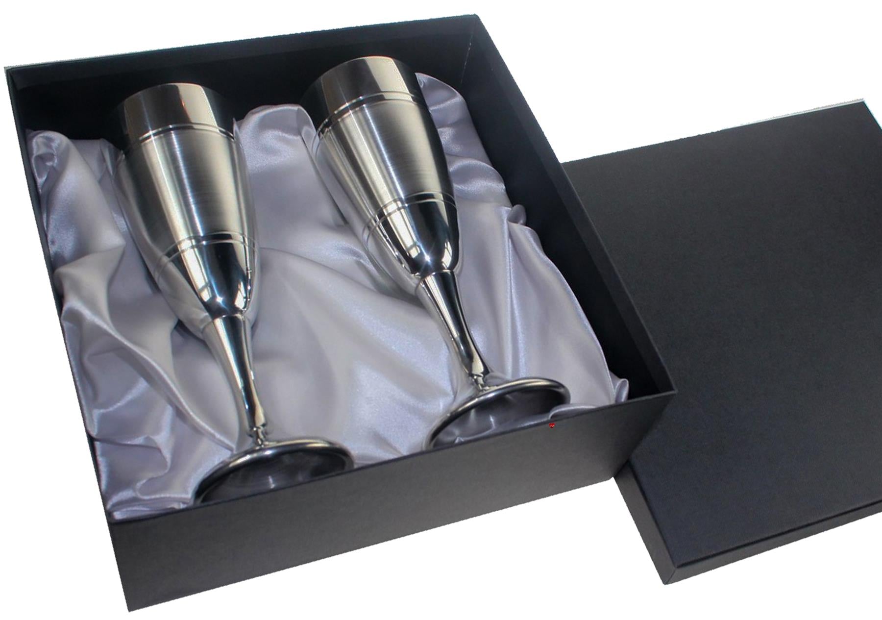 Pair of Polished Pewter Champagne Flutes in a Silk Lined Presentation Box