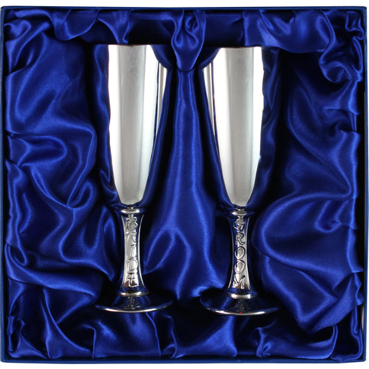 Wedding Pewter Flutes Bride and Groom Stem Champagne Goblets Presentation Boxed