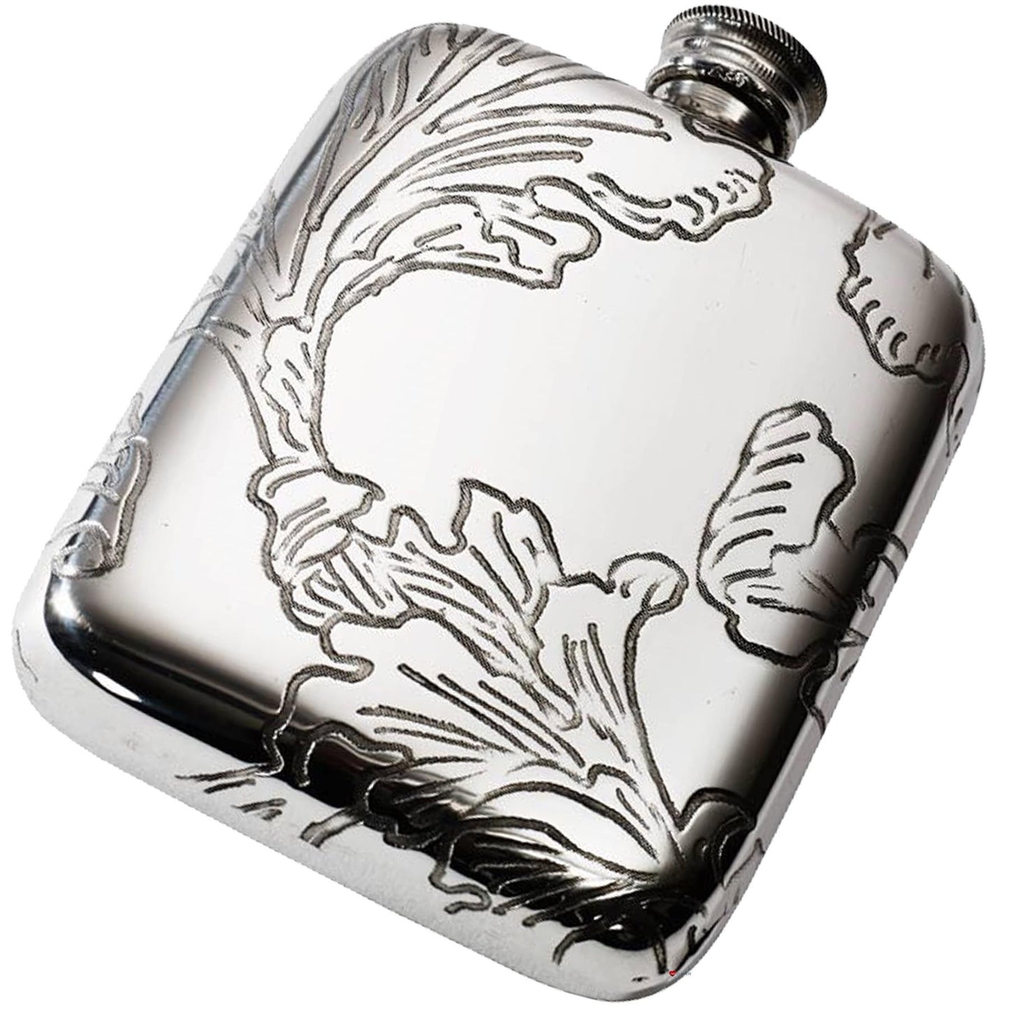 4oz Pewter Flask Embossed Design Acanthus Polished Screw Perfect for Engraving