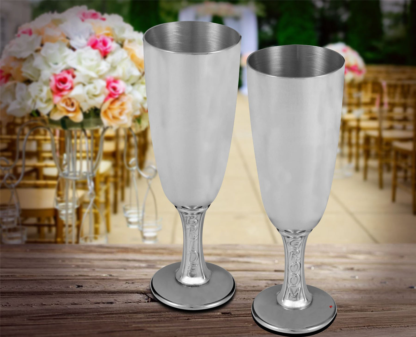 Wedding Pewter Flutes Bride and Groom Stem Champagne Goblets Presentation Boxed