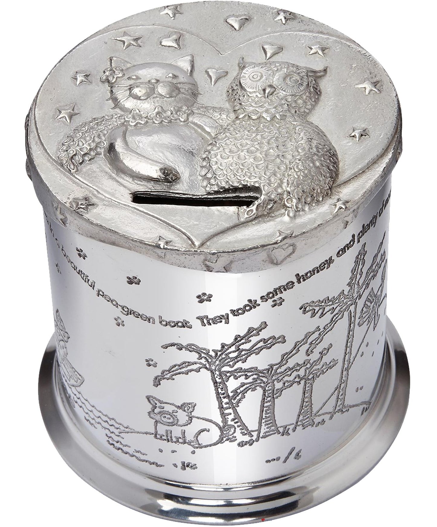 Child's Pewter Money Box Owl and The Pussycat Poem Embossed Around the Body