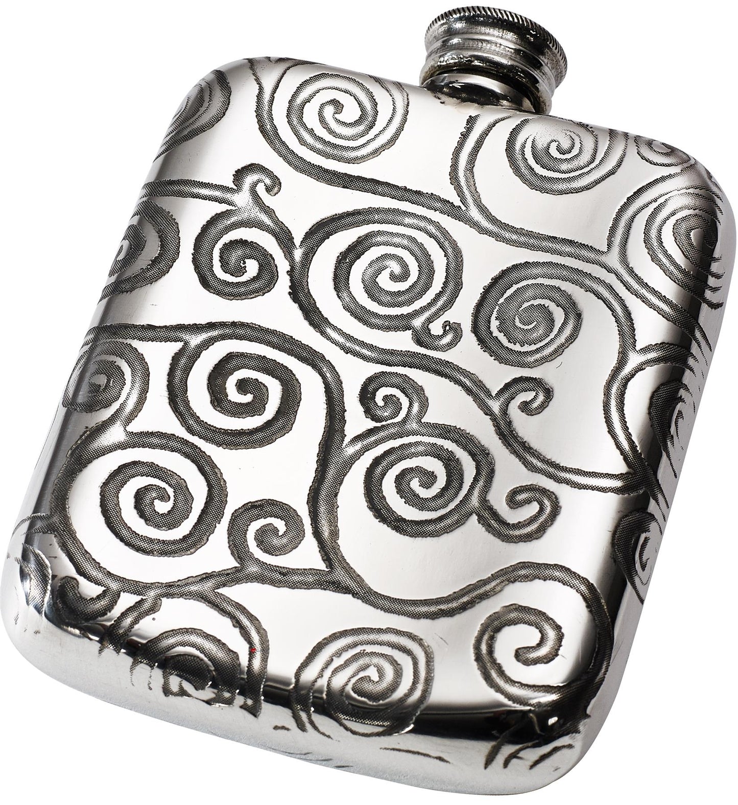 Pocket Hip Flask 4oz in Pewter Embossed with Tree of Life Pattern Polished Screw