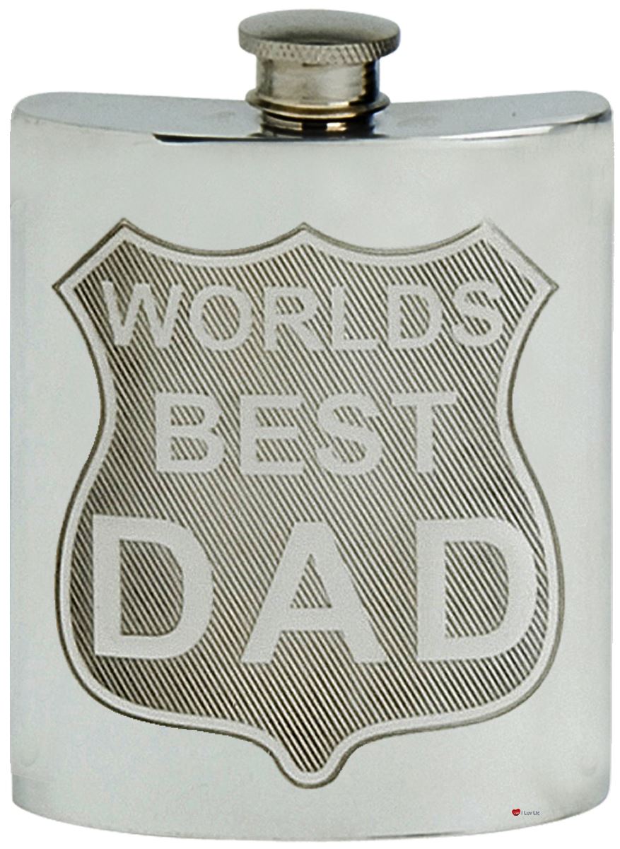 Worlds Best Dad Hip Flask 6oz Kidney Shape Pewter Engravable On Back Screw Top