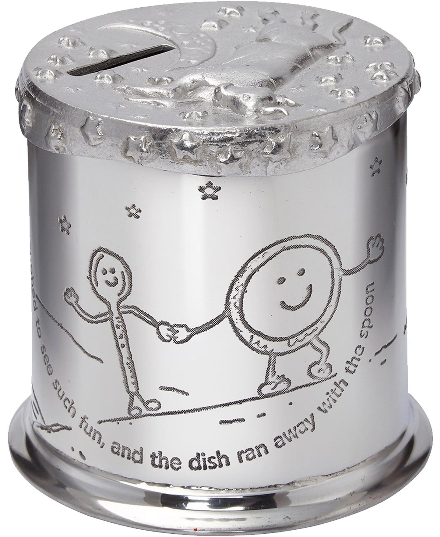 Child's Pewter Money Box Cow over the Moon Poem Embossed Around the Body