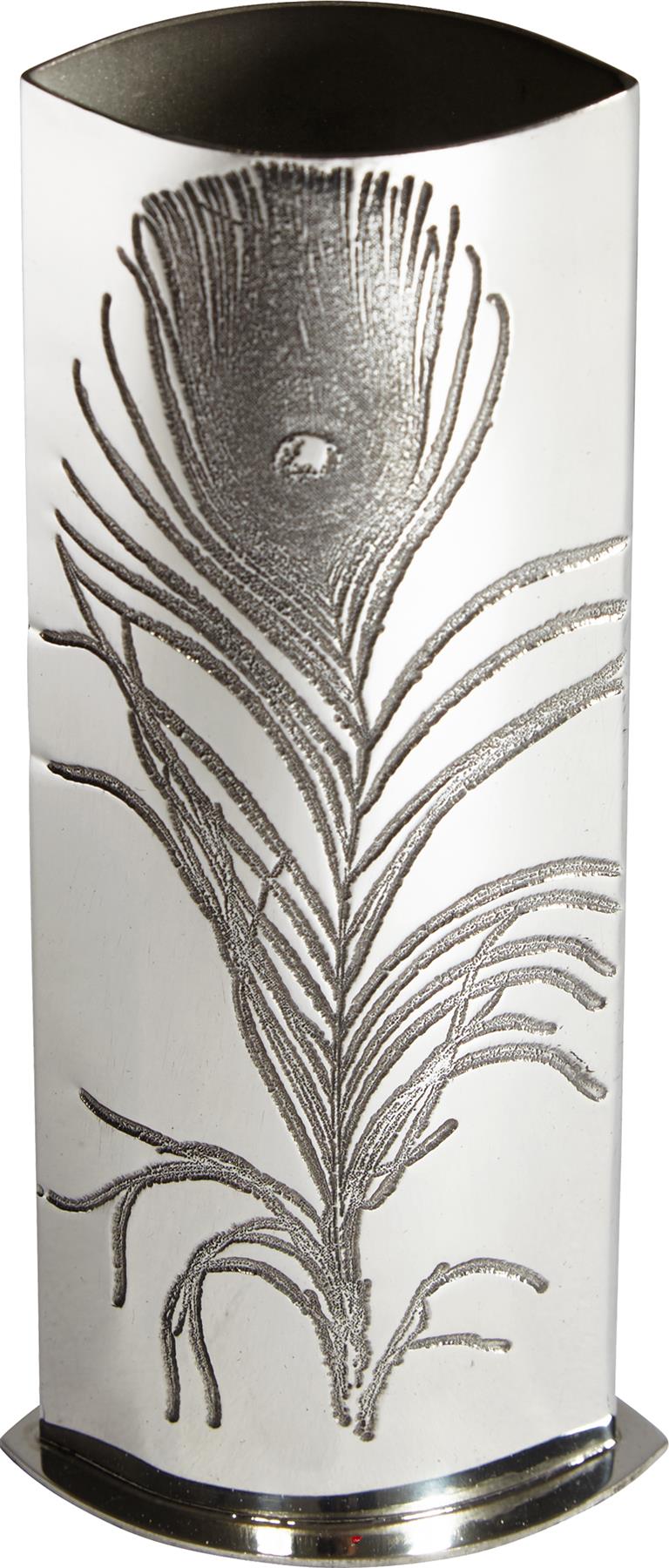 Tall 6.3 inch Pewter Bud Vase for Flowers Featuring Peacock Feather Design