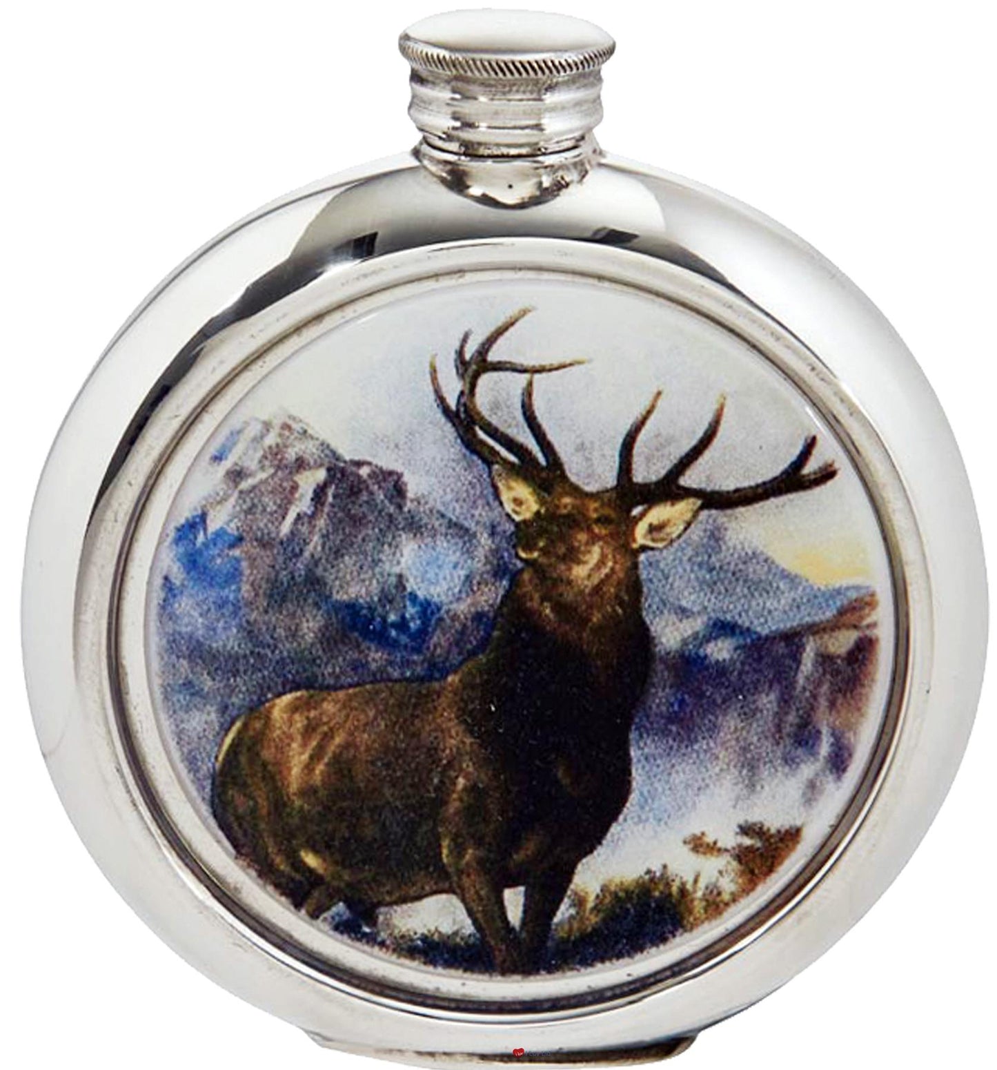 Round 6oz Pewter Flask with Unique Colour Monarch of the Glen Polished Screw