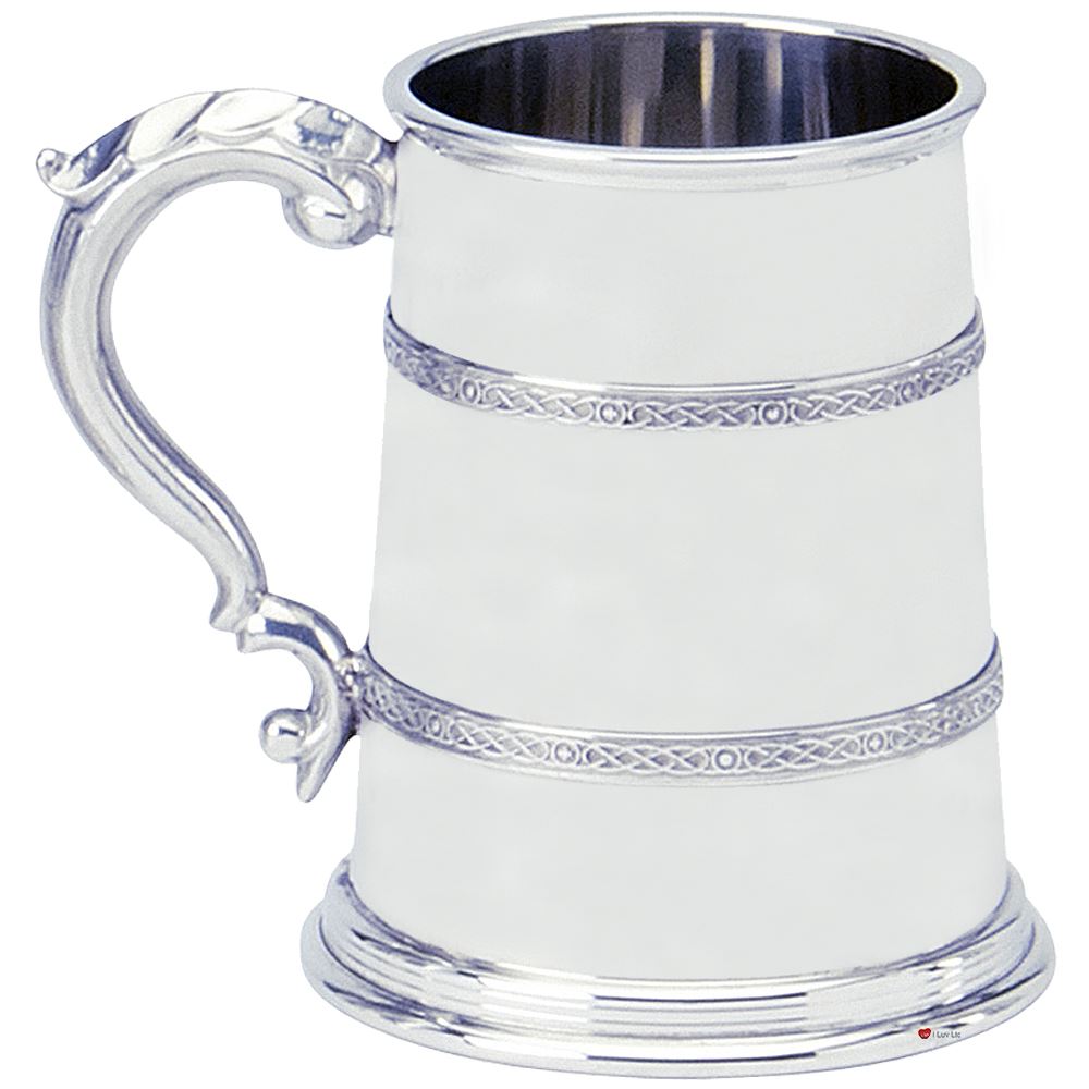 Pewter Tankard Handmade Celtic Design Double Band Polished Finish 1pt