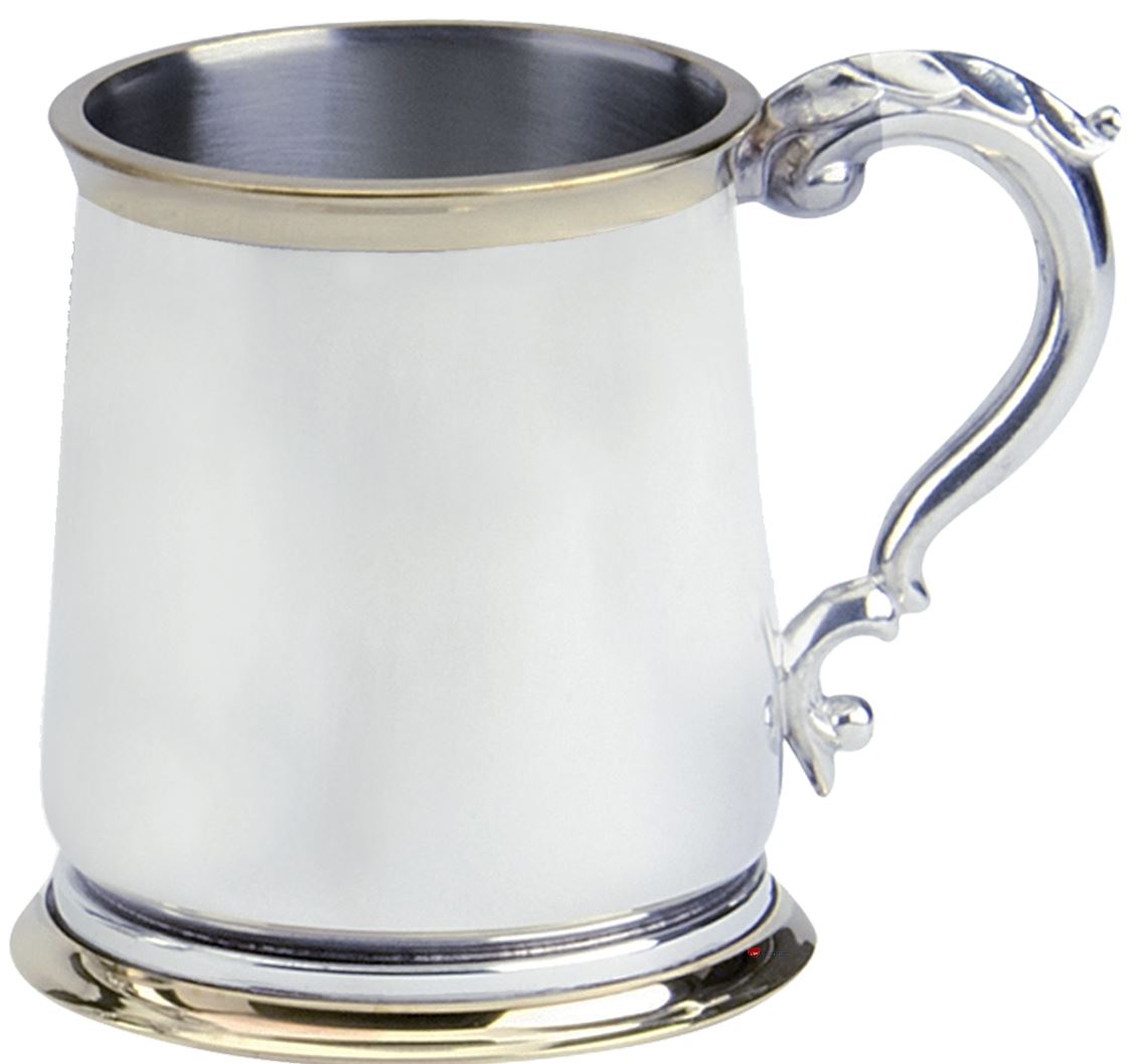 Pewter Tankard Brass Rimmed Classic Shape Polished 1pt Engravable Glass Base