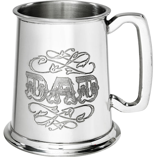 Pewter Tankard 1 Pint with DAD Ornately Embossed Perfect for Engraving