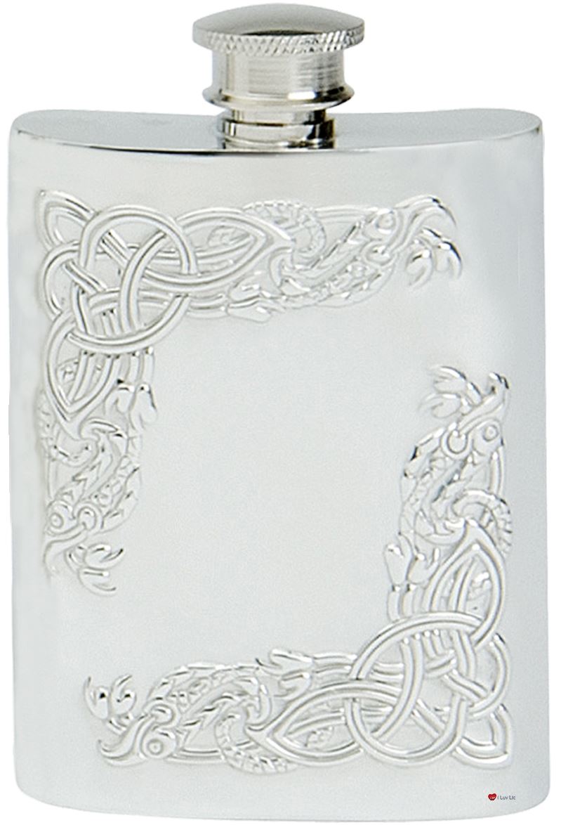 Framed Celtic Serpents Hip Flask 4oz Pewter Kidney Shape Screw Top Engravable