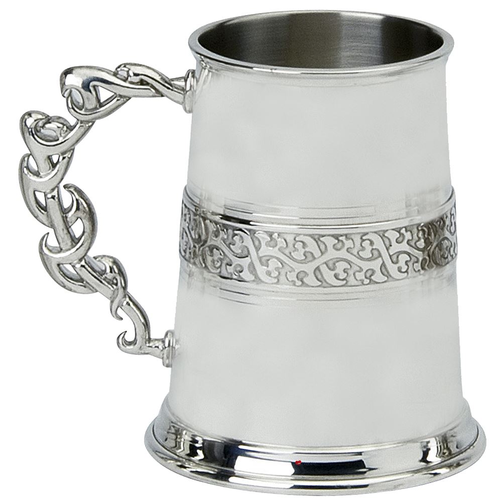 Pewter Tankard Handmade 1pt Tribal Band Polished Finish Unique Handle Engravable