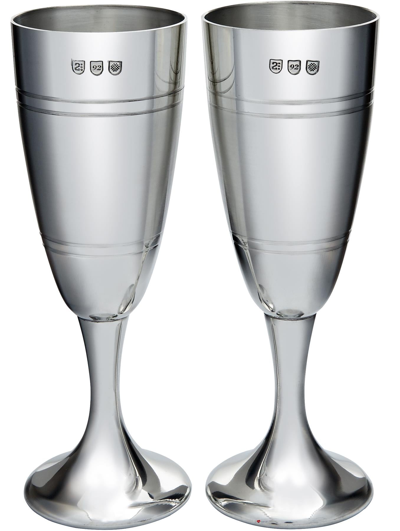 Pair of Celebration Champagne Flutes Wedding Grooved Band in Center Pewter