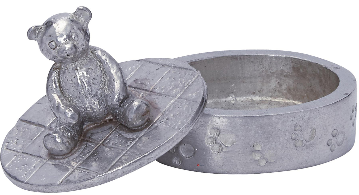 Child's Pewter Trinket Box Cute Teddy Bear on Top in Oval Paw Prints on Body