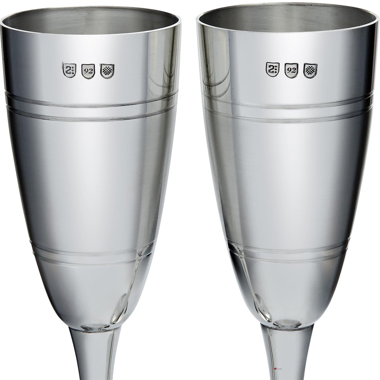 Pair of Celebration Champagne Flutes Wedding Grooved Band in Center Pewter