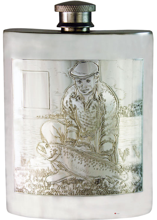 Pewter Hip Flask Fisherman Picture Scene Kidney Shape Engravable 6oz Screw Top