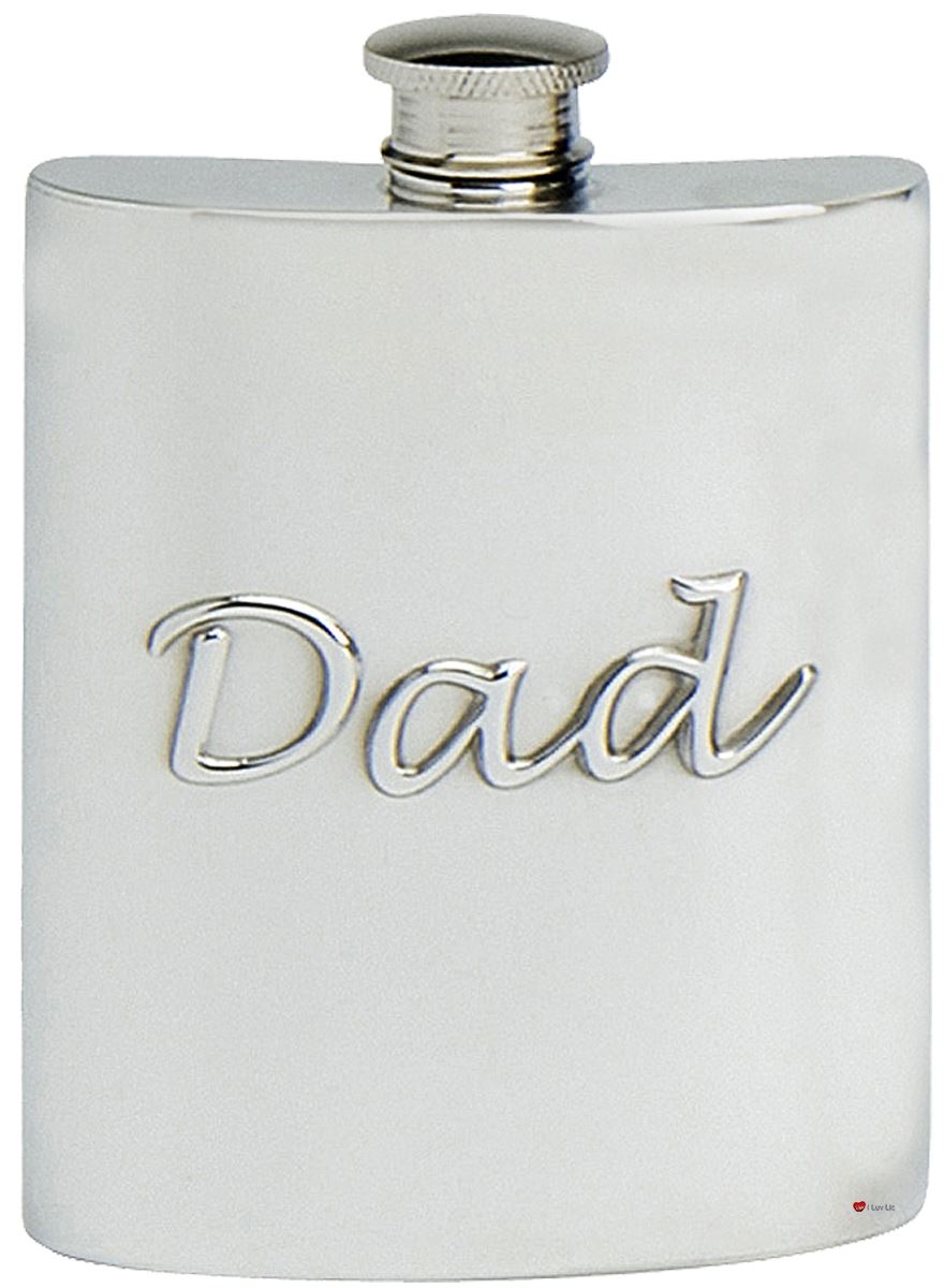 Embossed Dad Hip Flask Kidney Shape Pewter Engravable on Back Ideal Gift