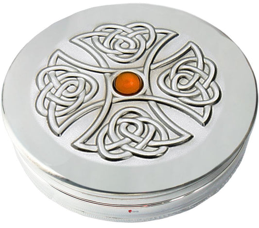 Trinket Boxes Pewter Round Celtic Cross Inset Topaz Coloured Stone Lid 90mm 50mm