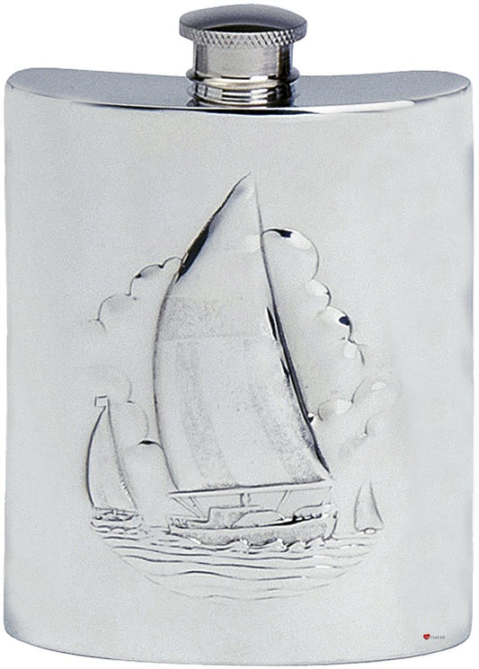 Classic Sailing Hip Flask 4oz Kidney Shape Ideal Gift Engravable on Back Pewter